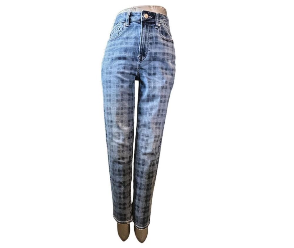 American Eagle Jeans Women 0 Blue Plaid Skinny Mid Rise Stretch (W22 L27)